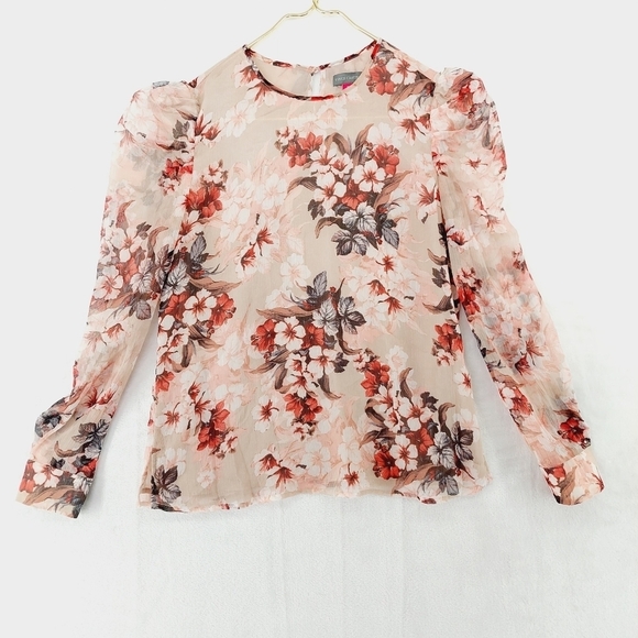 Vince Camuto Cream Sheer Floral Pattern Long Puff Sleeve Eye Button Blouse P2957 - Picture 1 of 7